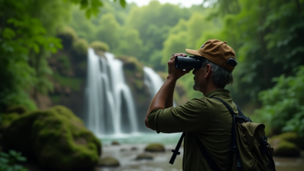 Observador de naturaleza usando binoculares en el bosque, disfrutando responsablemente de la vida silvestre