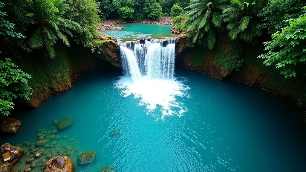 Vista desde arriba de una piscina natural bajo cascada, mostrando diferentes tonalidades de azul que indican cambios de profundidad