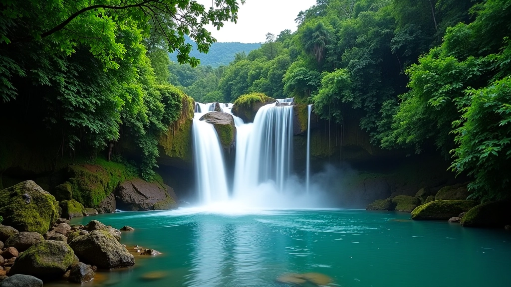 Cascada con agua clara y turquesa, rodeada de vegetación tropical densa, bajo condiciones de cielo nublado
