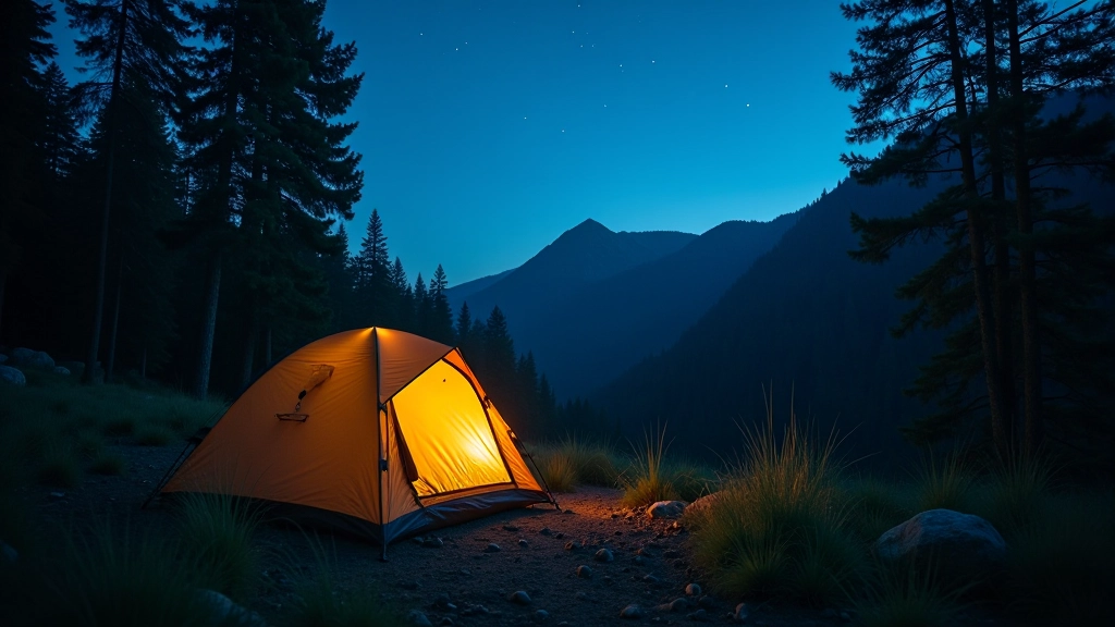 Camping bajo las estrellas en el bosque de montaña con tienda de campaña, vista nocturna serena