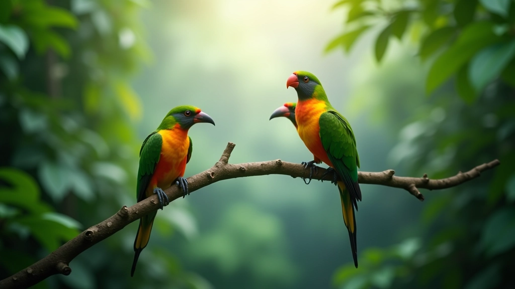 Aves del bosque tropical posadas en ramas, incluyendo pequeñas especies de pájaros cantores en su hábitat natural