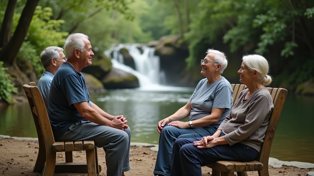 Grupo de adultos mayores disfrutando juntos cerca de cascada en ambiente natural y tranquilo