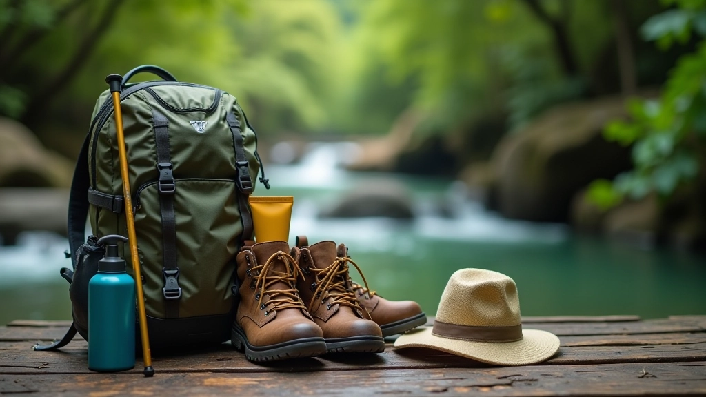 Mochila de senderismo con botas de montaña, bastón de trekking, botella de agua y equipo de protección solar sobre superficie de madera natural