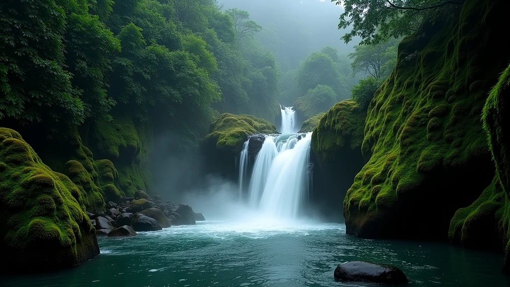 Cascada majestuosa en el Bosque Toro Negro de Jayuya, con agua cristalina cayendo entre rocas cubiertas de musgo