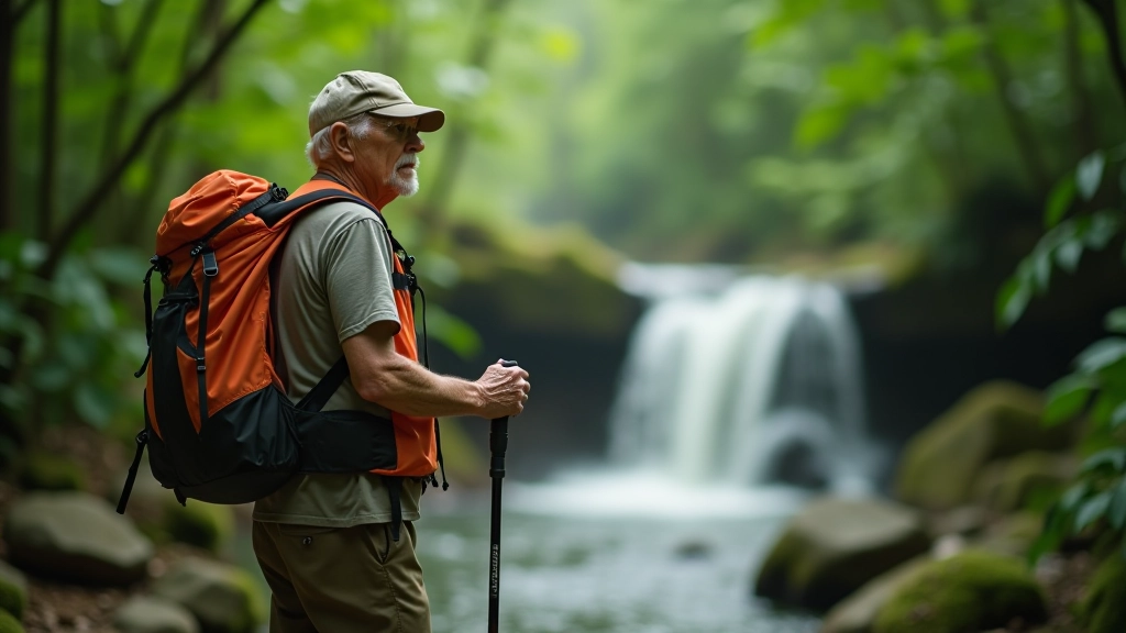 Persona mayor de 60 años caminando por sendero de montaña con bastón de trekking, ropa deportiva adecuada y mochila de senderismo, bosque tropical de fondo