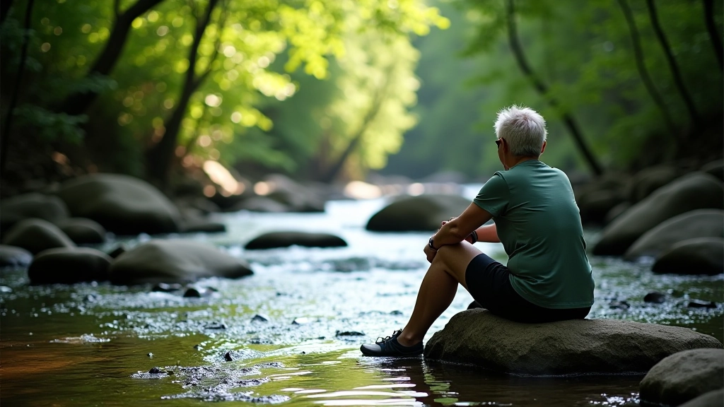Persona descansando junto a un arroyo de agua cristalina en el bosque, rodeada de naturaleza