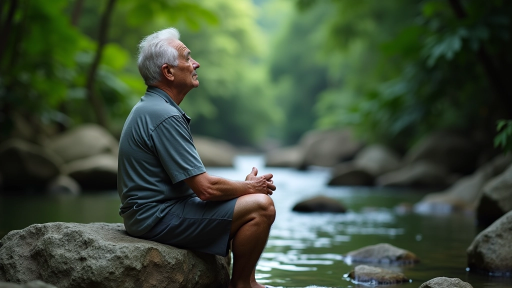Persona descansando en una roca junto a un arroyo de agua cristalina, rodeada de vegetación tropical exuberante, luz natural suave