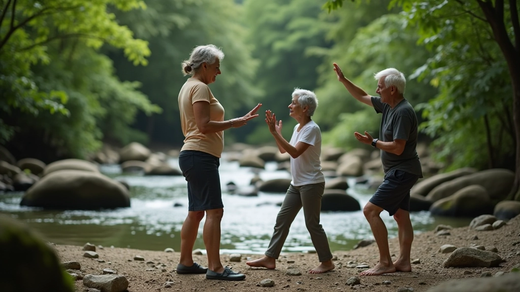 Personas realizando ejercicios suaves en la naturaleza