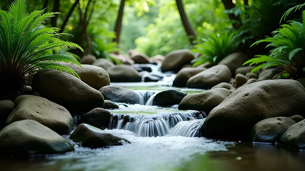 Arroyo tranquilo del bosque con vegetación tropical y formaciones naturales de agua