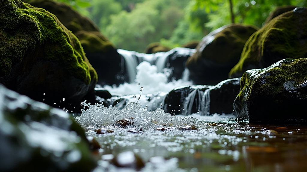Rocas lisas y mojadas alrededor de una cascada, mostrando el potencial de resbalones en ambiente natural