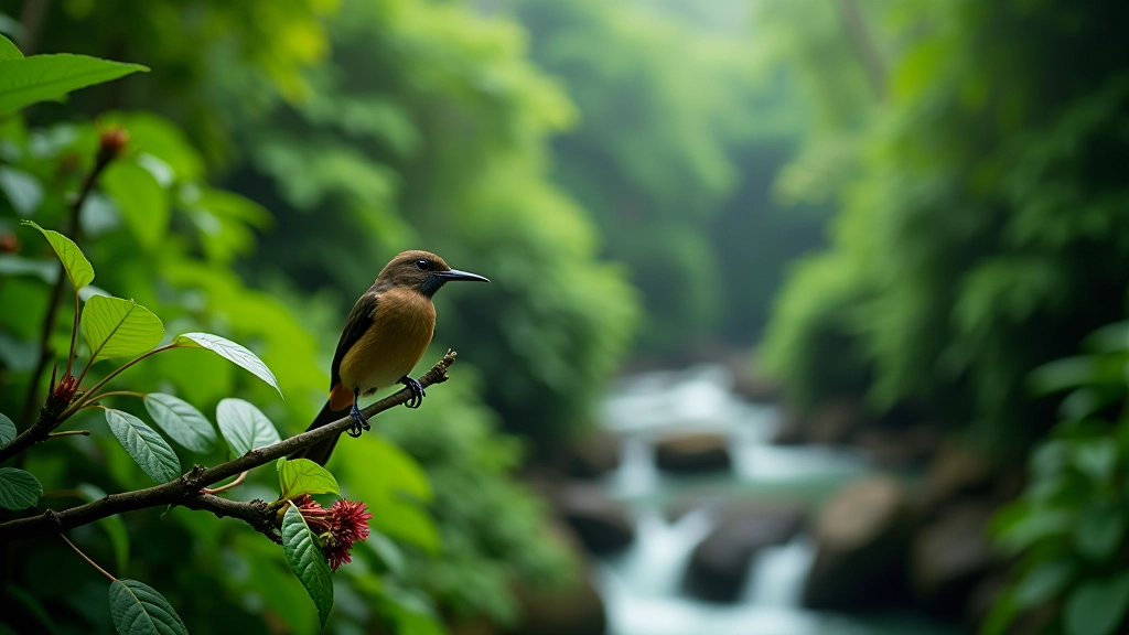 Flora y fauna del bosque tropical, incluyendo plantas, flores silvestres y aves en su hábitat natural
