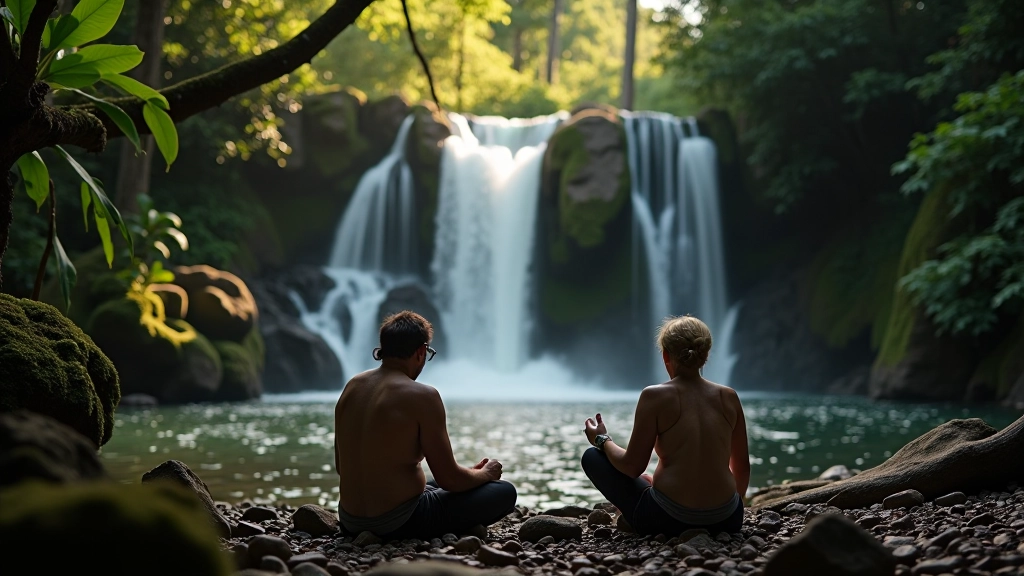 Grupo de personas descansando en círculo junto a una cascada en el bosque, en atmósfera tranquila